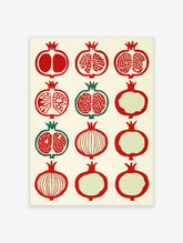 Grid of twelve stylized pomegranate fruit illustrations in red and green on a cream background