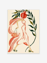 Surreal illustration of a woman with a pomegranate head holding a fruit bag and red scarf