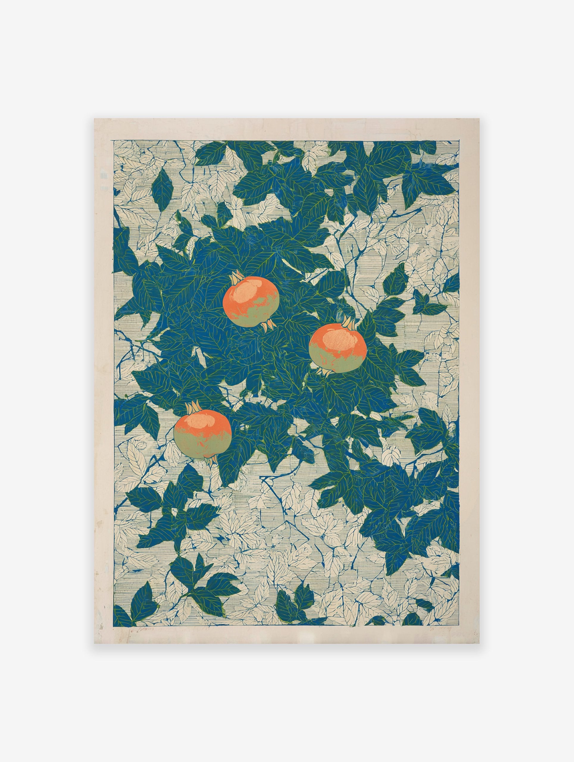 Botanical pomegranate poster with vibrant orange pomegranates amidst blue-green leaves on a light patterned background.