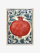 Red pomegranate botanical illustration poster with blue leaves and decorative border on a light background