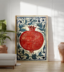 Red pomegranate botanical illustration poster with blue leaves and decorative border on a light background - Image 3