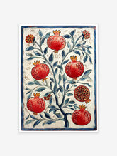 Pomegranate tree poster with red fruits, one cut open, and blue leaves, in a vintage botanical illustration style with a blue border.