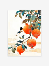 Pomegranate wall art featuring a small black and white bird on a branch with vibrant orange pomegranates and patterned leaves.