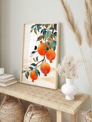 Pomegranate wall art featuring a small black and white bird on a branch with vibrant orange pomegranates and patterned leaves. - Image 3
