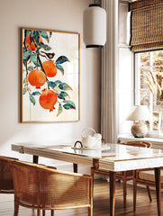 Illustrative pomegranate wall art with orange fruits, teal leaves, and a black bird on a branch against a white background. - Image 2