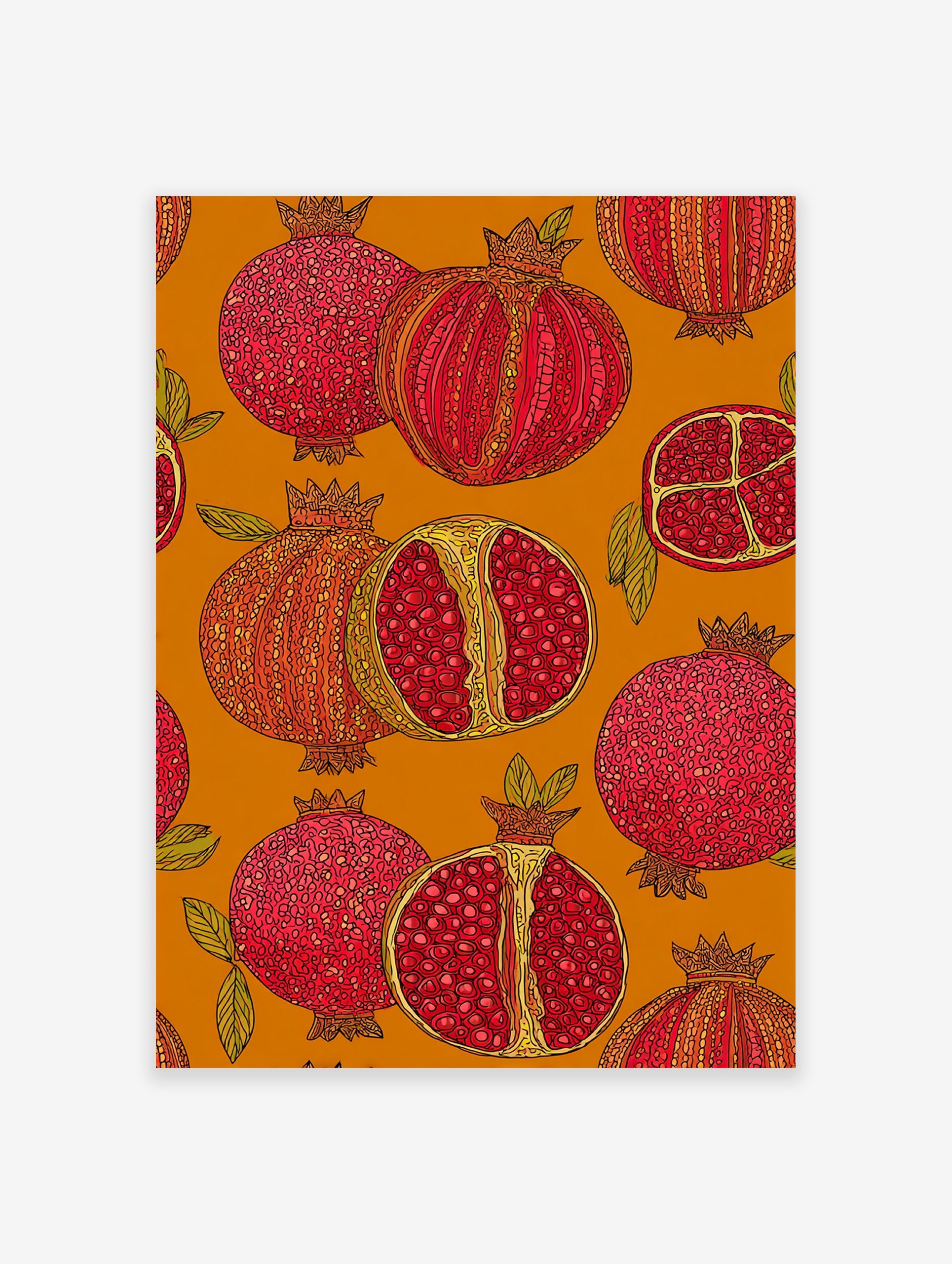 Vibrant pomegranate wall art print with botanical illustrations of whole and cut pomegranates on an orange background.