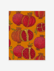 Vibrant pomegranate wall art print with botanical illustrations of whole and cut pomegranates on an orange background.