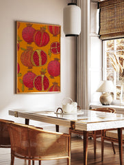 Vibrant pomegranate wall art print with botanical illustrations of whole and cut pomegranates on an orange background. - Image 2