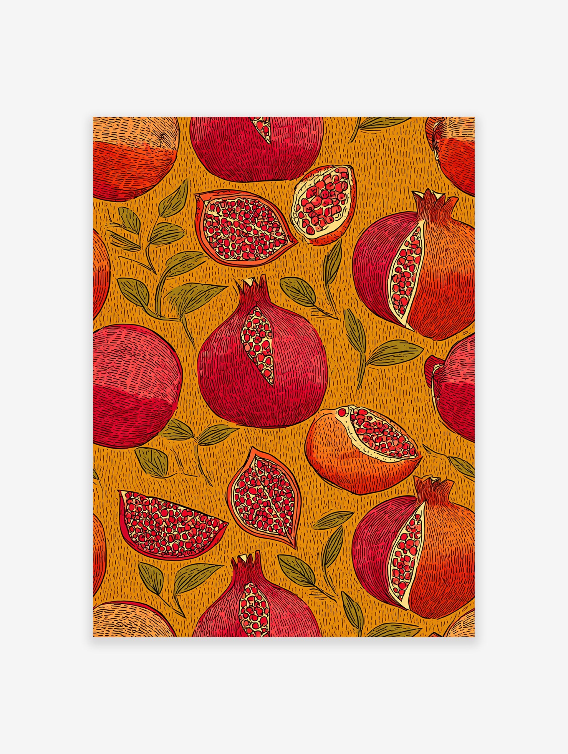 Illustrative Pomegranate wall art print with whole and sliced red and orange pomegranates and green leaves on a textured yellow background.