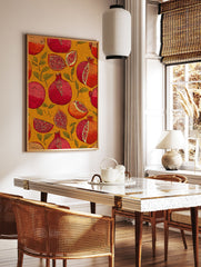 Illustrative Pomegranate wall art print with whole and sliced red and orange pomegranates and green leaves on a textured yellow background. - Image 2