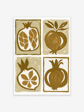 Four illustrative pomegranate prints in brown and tan, featuring whole fruit and cross-sections in a minimalist style