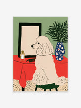 Illustrative art print of a white poodle sitting on a green stool before a mirror on a red table with a blue spotted vase