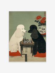 White and black poodles playing chess at a small table, with red spider lilies in a vase, in Japanese illustrative style