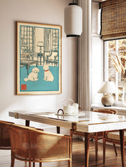 Illustrative print of two white poodles with red collars on a blue rug in a cream room with a chess, in a styled room mockup