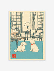 Illustrative print of two white poodles with red collars on a blue rug in a room with a chessboard and large windows