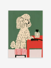 Illustrative poodle on a striped stool next to a red table with a perfume bottle and hairbrush on a green background