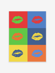 Pop art print featuring six colorful kiss marks on contrasting backgrounds in a grid layout, showcasing green, red, orange