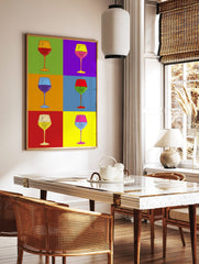 Colorful Pop Art grid featuring six illustrative wine glasses with different colored liquids and backgrounds, in a styled