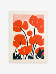 Poppy flower illustration with orange blooms and dark teal stems on a white background with halftone dot pattern