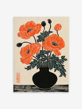 Orange poppy flower botanical illustration in a black vase, with green leaves and black buds, woodblock print style.