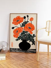 Orange poppy flower botanical illustration in a black vase, with green leaves and black buds, woodblock print style. - Image 2