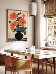 Orange poppy flower botanical illustration in a black vase, with green leaves and black buds, woodblock print style. - Image 3
