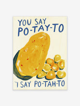 Yellow potato and baby potatoes with blue hand-lettered text on cream background poster