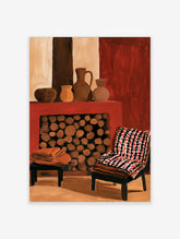 Modern illustrative wall art of pottery on a fireplace ledge with a patterned armchair and log pile in red and brown tones