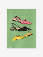 Fashion illustration poster featuring three stylized women's slingback shoes in pink, black, and yellow on a green background.