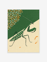 Illustrative praying mantis wall art in green on a split dark green and beige background with orange dot accents