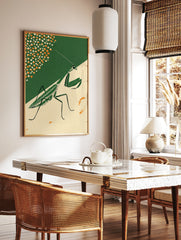 Illustrative praying mantis wall art in green on a split dark green and beige background with, in a styled room mockup