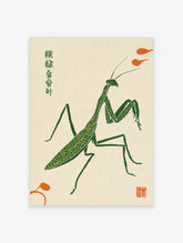 Stylised green praying mantis illustration in a woodblock print style with orange accents on a cream background