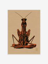 Praying mantis art print in rust orange and black on a tan background, centred portrait composition