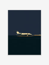 Minimalist private jet art print with cream aircraft on dark navy background