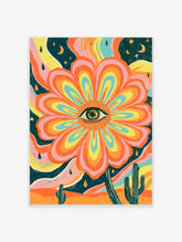 Psychedelic eye flower poster with orange petals, central eye, desert cacti, and starry sky