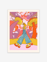 Psychedelic wall art featuring a retro woman walking with yellow sunglasses, wide-leg pants, and platform shoes, with large colorful mushrooms and a 'Here Comes The Sun' sunburst background