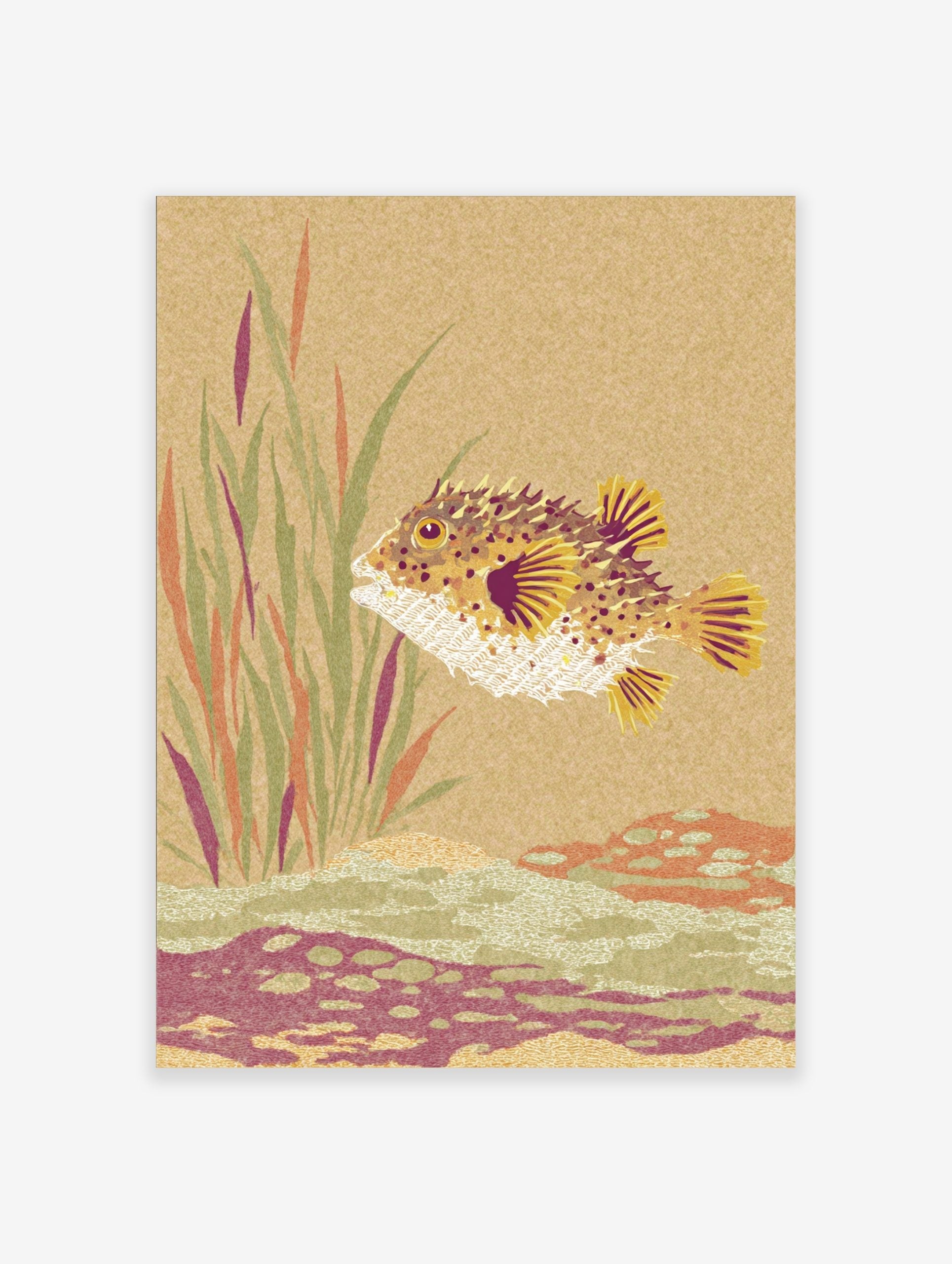 Textured illustration of a spiky puffer fish swimming among aquatic plants and a seabed in earthy tones