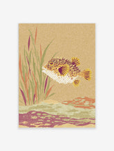 Textured illustration of a spiky puffer fish swimming among aquatic plants and a seabed in earthy tones