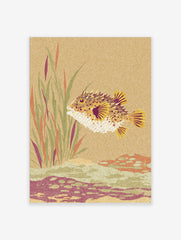 Textured illustration of a spiky puffer fish swimming among aquatic plants and a seabed in earthy tones