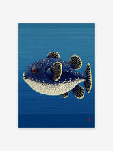 Illustrative puffer fish with blue, white spots, red eye, yellow fins against blue striped background art print