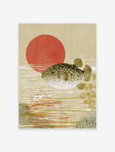 Pufferfish swimming in water with a large red sun in the background, Japanese woodblock style art