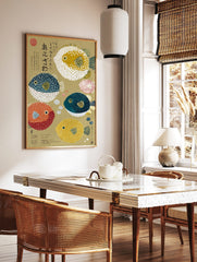 Illustrative art print of various colourful pufferfish and Japanese calligraphy on a beige, in a styled room mockup