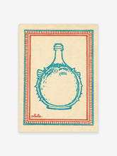 Teal blue pufferfish inside a glass bottle with red script text and striped border on cream background