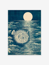 Japanese woodblock style art print of a spiky pufferfish in a dark blue moonlit ocean with waves