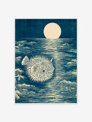 Japanese woodblock style art print of a spiky pufferfish in a dark blue moonlit ocean with waves