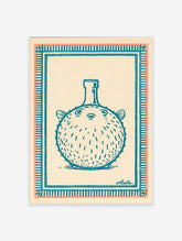 Blue pufferfish art print with dotted body, fins, and bottle-shaped top on cream background