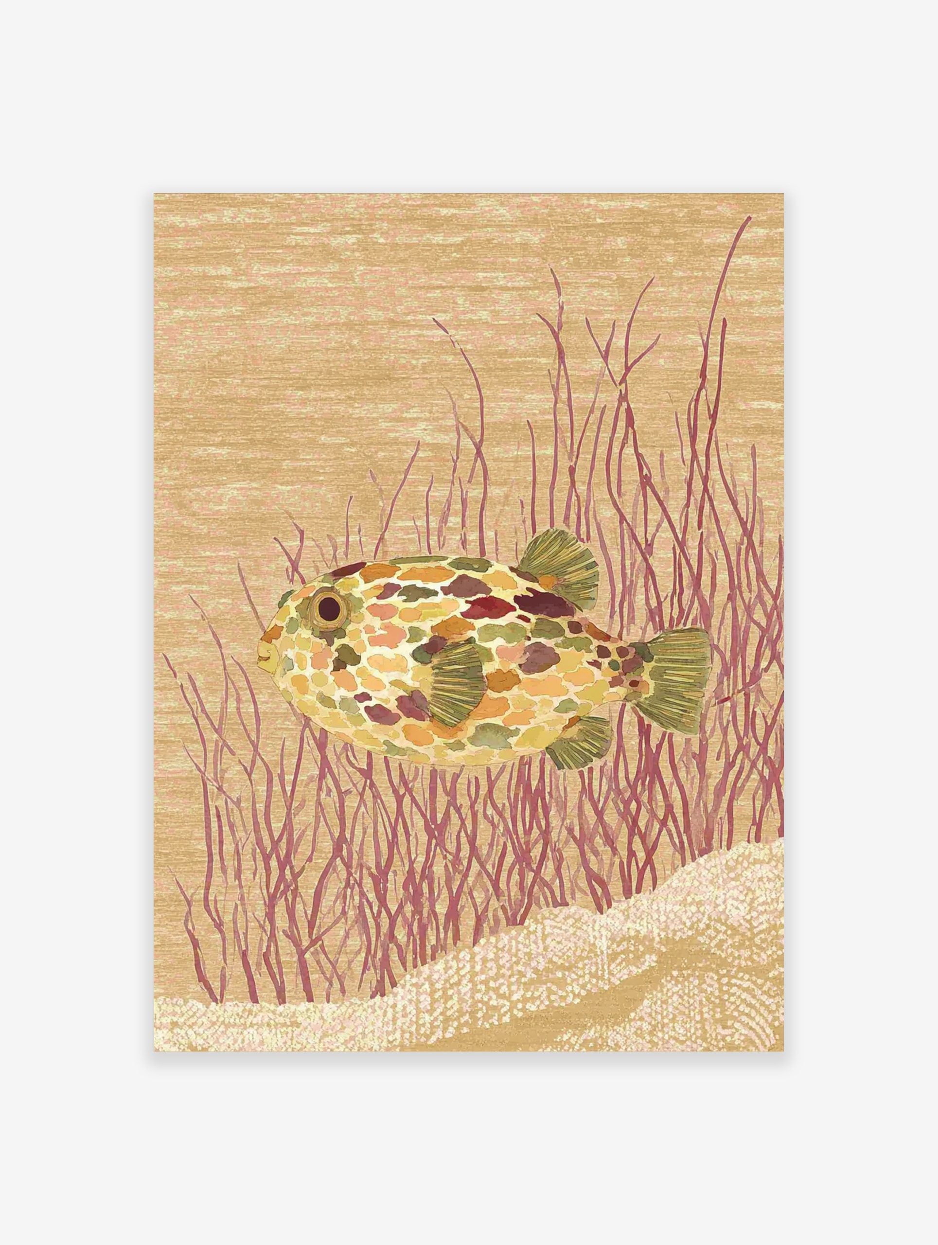 Illustrative pufferfish wall art print with colourful mottled skin, red underwater plants, and a sandy seabed