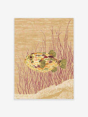 Illustrative pufferfish wall art print with colourful mottled skin, red underwater plants, and a sandy seabed