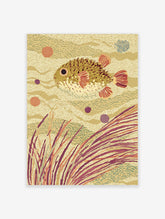 Illustrative pufferfish swimming among seaweed and wavy patterns in warm earth tones