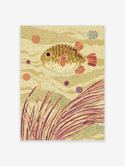 Illustrative pufferfish swimming among seaweed and wavy patterns in warm earth tones